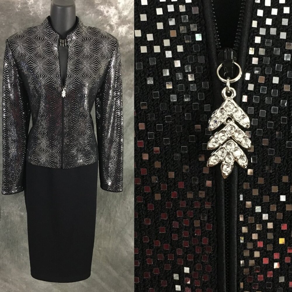 BEAUTIFUL st john evening knit black rhinestones embellished jacket skirt suit 8
